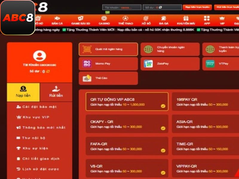 Thực hiện nạp rút tiền ABC8 không hề phức tạp